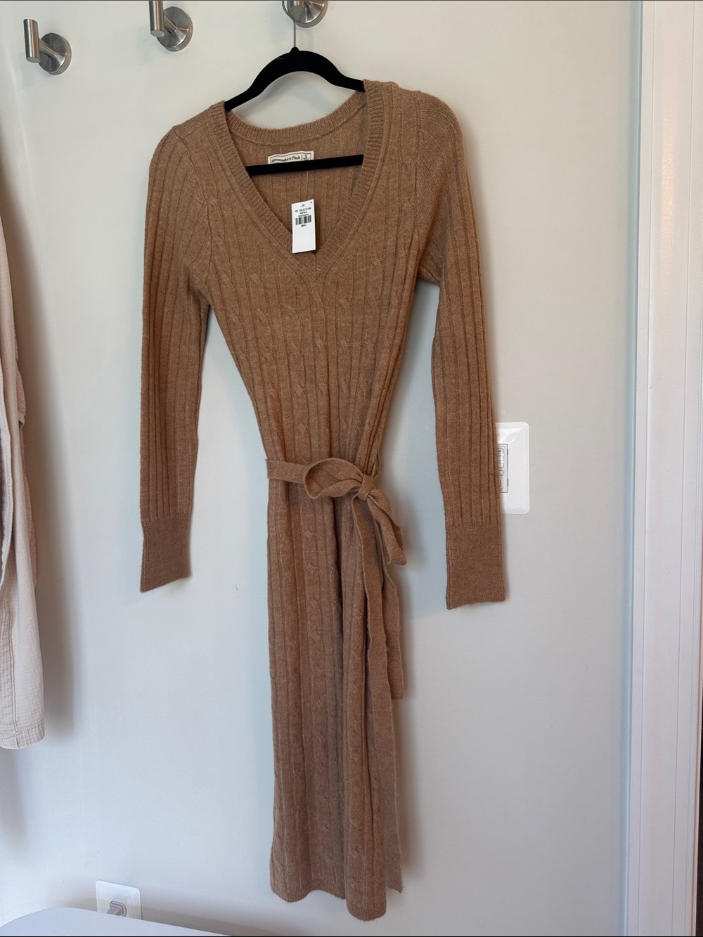 Abercrombie & Fitch Camel Cable-Knit V-Neck Sweater Dress with Tie Waist